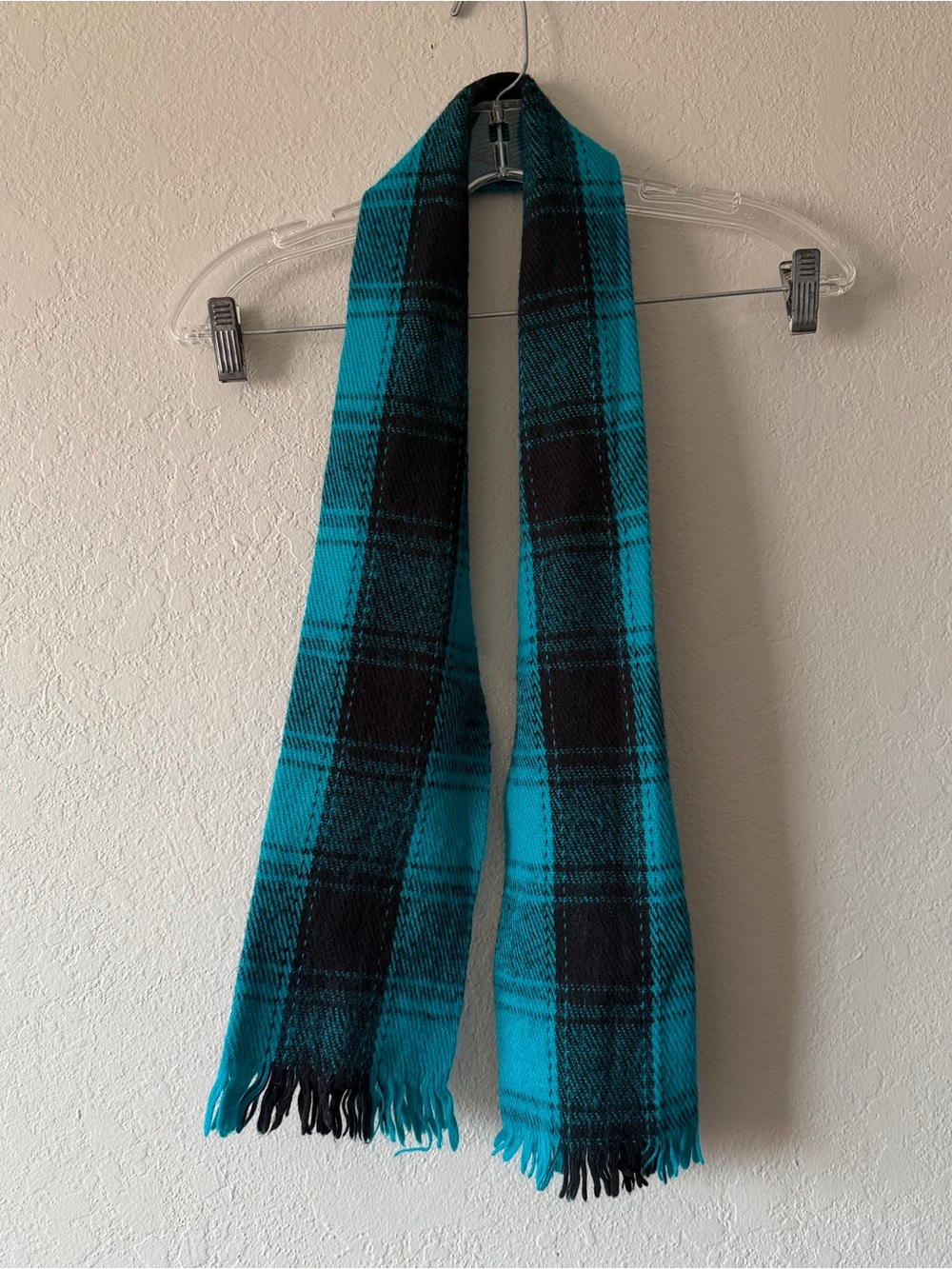 Turquoise & Black Plaid Fringe End Scarf